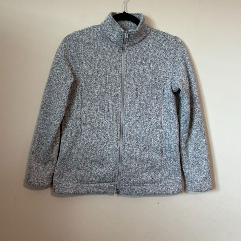 T by Talbots Gray Heathered Fleece Sweater Jacket Full Zip Size 2P (XS) Pockets